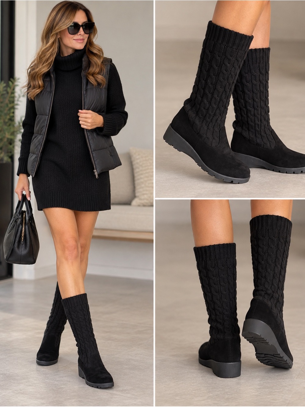 Black Cable Knit Sock Wedge Boots size 6